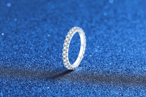 Detailed close-up of a shimmering S925 sterling silver eternity ring with pavé moissanite