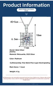 S925 sterling silver necklace detail with 1ct moissanite pendant and size dimensions