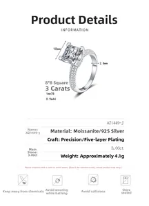 Détail d'une bague moissanite 3ct taille princesse avec spécifications et dimensions