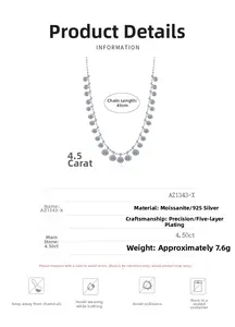 Detailed size chart and material specs for the 4.50ct moissanite S925 silver necklace