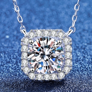 925 Sterling Silver Moissanite Square Halo Pendant Necklace Luxury Geometric Cubic Zirconia Clavicle Chain Jewelry For Women Party Gift
