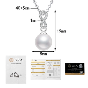 Detailed view of 8mm pearl pendant with infinity symbol and GRA Moissanite certificate
