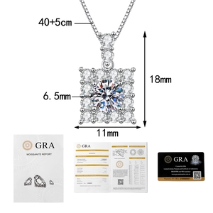 Detail of square moissanite pendant with size specs and GRA certification documents