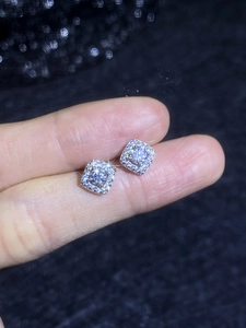 Macro detail of S925 sterling silver square halo stud earrings with moissanite stones