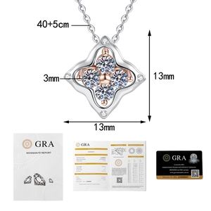Macro view of 925 sterling silver clover pendant with Moissanite stones and GRA certificate