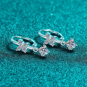 S925 sterling silver moissanite floral drop earrings with a lever-back clasp and stones