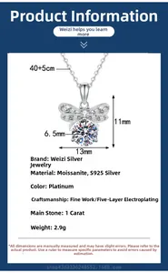 Detail view of s925 silver bee necklace with 1ct moissanite and product dimensions