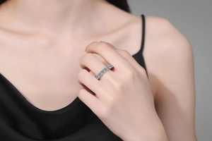 Close-up of sparkling moissanite eternity ring in S925 silver worn by a model