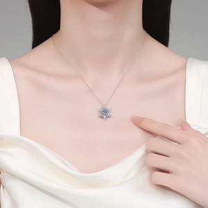 Elegant S925 sterling silver snowflake pendant necklace with moissanite on female model