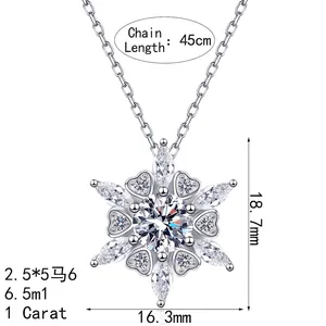 S925 sterling silver snowflake pendant necklace with 1 carat moissanite and 45cm chain