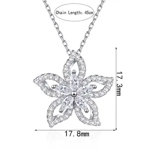 Collier fleur en argent 925 et moissanite avec chaîne de 45cm et dimensions précises