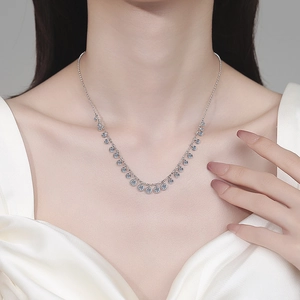 Elegant S925 sterling silver necklace with sparkling moissanite round cut pendants on model