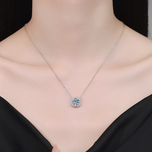 Minimalist S925 sterling silver necklace with a 2-carat square halo moissanite pendant