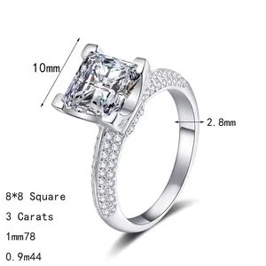 Bague en argent S925 avec moissanite carrée de 3 carats 8x8mm et pavé serti