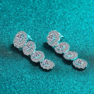 Luxurious S925 sterling silver moissanite drop earrings with four cascading flower clusters