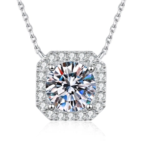 Elegant S925 sterling silver square halo necklace with 2ct round moissanite pendant