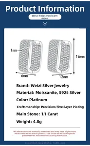 Detailed view of s925 silver earrings with pavé moissanite and precise dimensions
