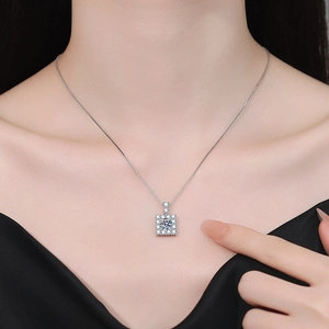 S925 sterling silver square sugar moissanite pendant necklace worn on model neck