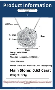 Dimensions détaillées du collier camélia en argent s925 serti de moissanite