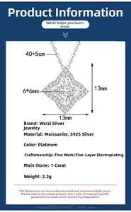 Detail view of S925 silver moissanite necklace with dimensions 13x13mm and 1ct center stone