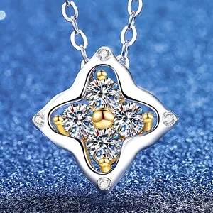 Sparkling S925 sterling silver four-leaf clover moissanite pendant on blue background
