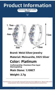 Detailed specs of S925 moissanite hoop earrings with 1.108CT stones and 15mm diameter