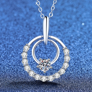 925 Sterling Silver Moissanite Pendant Necklace Round Double Ring Rhinestone Pave Inlaid Clavicle Chain Jewelry For Women