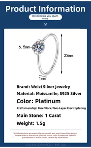 Detailed specifications of a 1-carat moissanite ring in S925 sterling silver classic six-prong setting