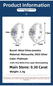 Détail macro de créoles en argent 925 et moissanite montrant les dimensions du produit