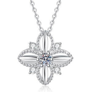 S925 sterling silver four-leaf clover moissanite pendant necklace with bead edging