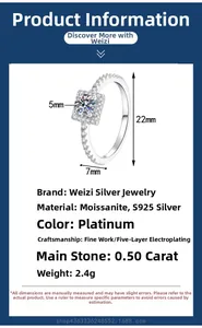Detailed S925 silver ring specifications showing 0.5ct Moissanite dimensions and weight