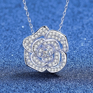 Collier Pendentif Fleur de Camélia en Moissanite Chaîne en Argent Sterling 925 Élégant Bijoux Choker en Strass pour Femme Cadeau