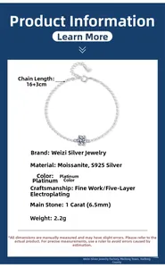 Detail specifications of 1ct moissanite S925 silver bracelet with 16+3cm chain length