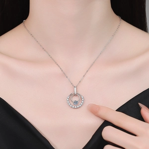 Moissanite 925 silver double circle necklace on model with sparkling accents