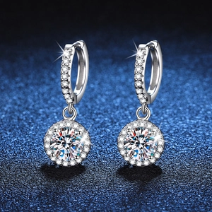 Classic S925 sterling silver moissanite drop earrings with brilliant halo setting