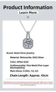 Moissanite princess square necklace in S925 silver with detailed product dimensions