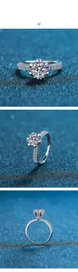 Close-up of six-prong flower setting with moissanite and micro-pave diamonds on silver band