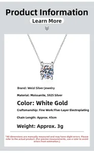 Moissanite diamond pendant details featuring S925 silver chain and platinum plating