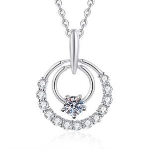 Elegant 925 sterling silver moissanite necklace featuring a double circle pendant design