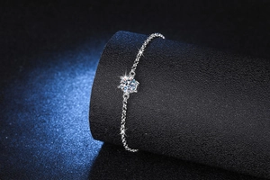 Macro view of a brilliant-cut moissanite diamond with classic six-prong setting on silver