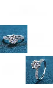 Detailed view of S925 silver moissanite ring with six-prong setting and side stones