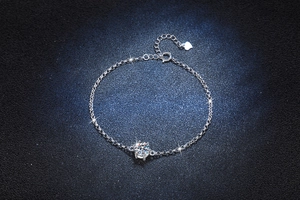 Macro detail of Moissanite diamond with heart charm on S925 sterling silver chain