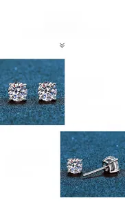 Detailed view of polished silver Moissanite stud earrings with classic four-prong setting