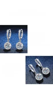 Detailed macro view of 1 carat moissanite halo drop earrings in 925 sterling silver finish