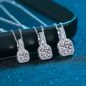 Three S925 sterling silver princess square necklaces with round moissanite pendants