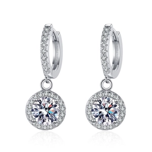 Classic S925 sterling silver halo moissanite drop earrings with brilliant round cut stones