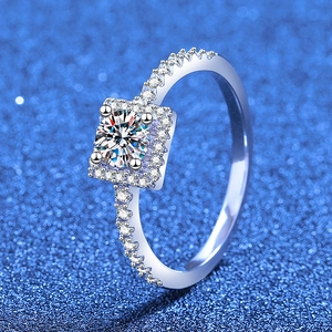 Sparkling S925 sterling silver ring with 0.5ct square halo moissanite on blue background