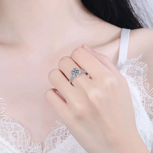 Elegant S925 sterling silver moissanite ring with six-prong setting and pavé band for women