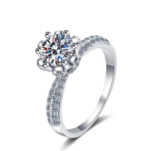 Elegant s925 silver moissanite ring with six-claw setting and diamond-encrusted band