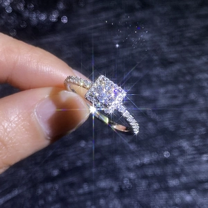 Elegant halo square cut moissanite diamond ring in 925 sterling silver with pavé band